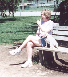 Ida with Mango on the bench